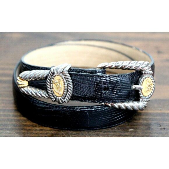 Brighton MUSEUM BLACK CROCO GENUINE LEATHER 1"Wd DRESS WOMEN'S BELT Sz S/M (D75) - Picture 1 of 12
